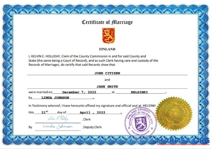 Downloadable Finland marriage certificate Word and PDF template